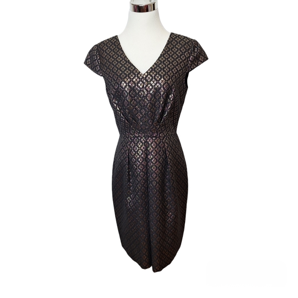 Cremieux Size 6 Gold Black Metallic Jacquard Sheath Dress‎ Cocktail Formal Party